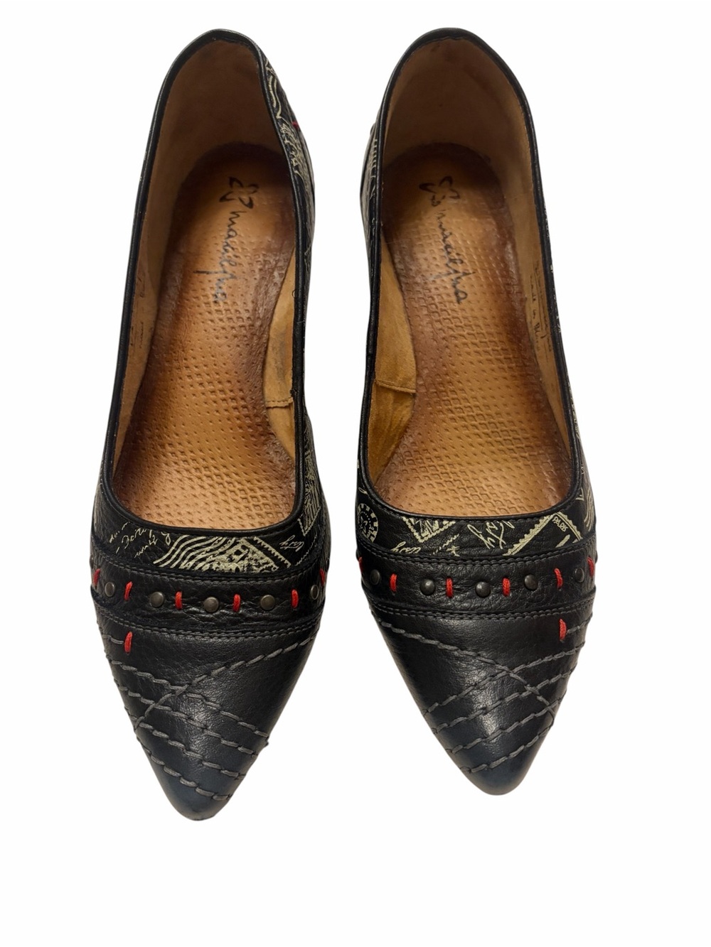 Maciejka Black Leather Slip-On Mules with Red & white stitching Accents-7.5/8